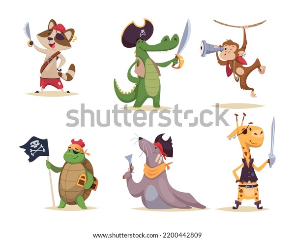 Pirate animals. Wild animals in action\
poses with pirate attributes clothes and weapons exact vector\
colored cute\
illustrations