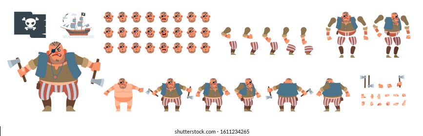 Pirate animated character creation set with various views, face emotions, poses and gestures. Front, side, back 3/4 view. Cartoon style, flat vector illustration isolated on white background.