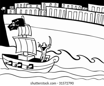 Pirate Attacking Cargo Ship Line Art : Small boat trying to capture a giant cargo ship.
