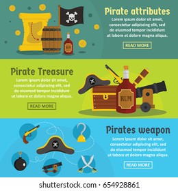 Pirate attribute banner horizontal concept set. Flat illustration of 3 pirate attribute vector banner horizontal concepts for web