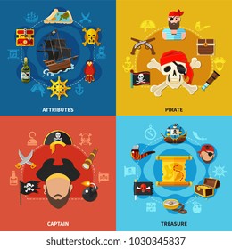 Pirate attributes, accessories of captain, treasure map and chest with gold, cartoon design concept isolated vector illustration