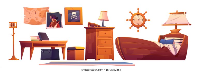 Pirate baby room interior set, thematic furniture and accessories ship bed with sail, steering wheel clock, treasure map, jolly roger scull picture, table, books, spyglass Cartoon vector illustration