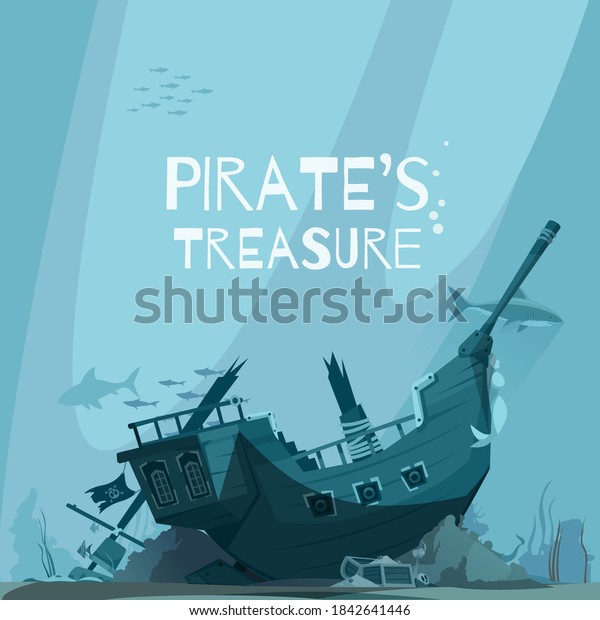 Pirate background composition with\
underwater scenery and fishes with sunken pirate vessel ship wreck\
with text vector\
illustration
