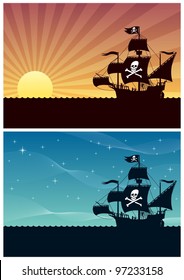 Pirate Backgrounds: Two cartoon backgrounds with pirate ships. Each is in A4 proportions, but you can extend the black area downwards. No transparency used. Basic (linear) gradients.