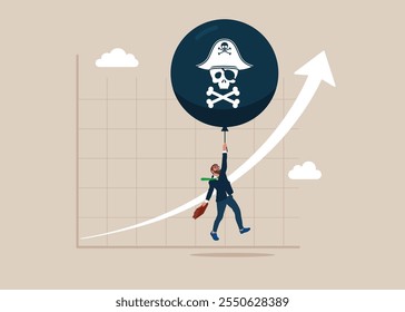 Globo pirata con el símbolo Jolly Roger con el cráneo y los huesos cruzados flota más alto. Alta inflación global. Poder, ambición. Juegos políticos y de negocios. Ilustración vectorial plana 