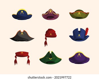 Pirate bandanas. Sailor hats captain clothes carnival costumes garish vector flat pictures set isolated