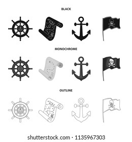 Pirate, bandit, rudder, flag .Pirates set collection icons in black,monochrome,outline style vector symbol stock illustration web.