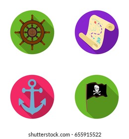 Pirate, bandit, rudder, flag .Pirates set collection icons in flat style vector symbol stock illustration web.