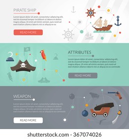 Pirate banner horizontal set with weapon and ship attributes flat elements isolated vector illustration