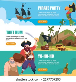Carteles piratas. Capitán filibusterismo agresivo con armas tesoro isla pirata loro de color perrero swanky vectorial caricatura ambientada con lugar para el texto