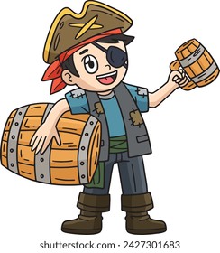 Pirate with Barrel of Rum Cartoon Colored Clipart
