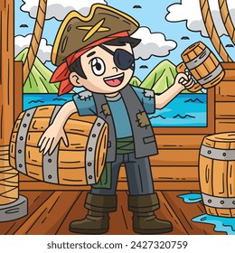 Pirate with a Barrel of Rum Colored Cartoon 