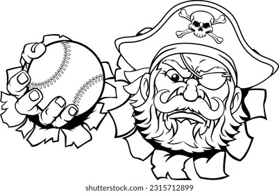 A pirate baseball sports mascot cartoon character holding a ball 