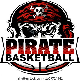 pirate basketball team design with half mascot and ball for school, college or league