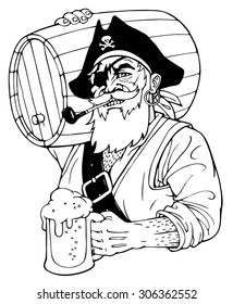 Pirate with a beer and a barrel. Isolated. Vector illustration