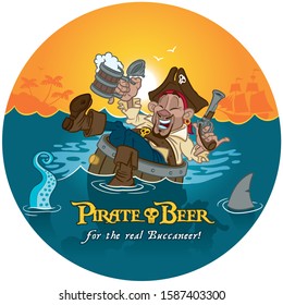 Pirate Beer, a vector illustration of a pirate singing and drinking beer in a wooden barrel floating on the sea in a tropical setting.