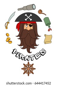 A pirate with a big beard, vector illustration, cartoon over a white background.