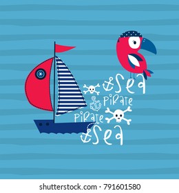 pirate bird with sailing boat vector illustration