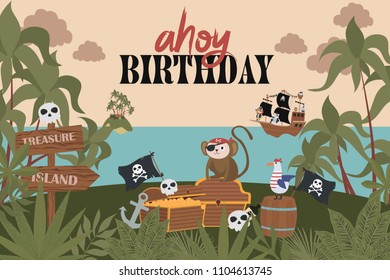 Pirate Birthday Invitation card in cartoon style. Editable vector illustration