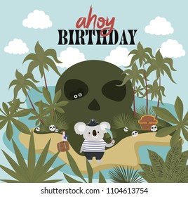 Pirate Birthday Invitation card in cartoon style. Editable vector illustration
