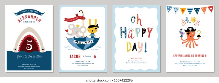 Pirate birthday invitation set. Vector illustration.