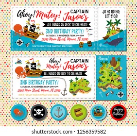 Pirate birthday invitation. Treasure Map Invitation. Pirate Party Decorations for Birthday Party or Baby Shower. Pirate Cupcake Toppers. Vector Illustration. 