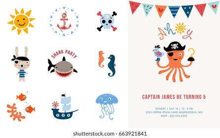 Pirate Birthday Invitation. Vector illustration.