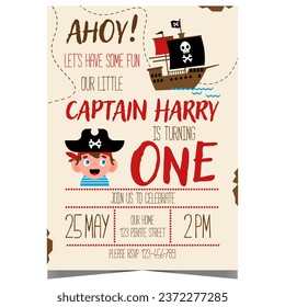 Pirate birthday party invitation for kids in cartoon style. Pirate party poster or flyer with flag with skull and crossbones on the pirate ship and character captain inviting to a sea adventure.