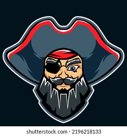 Pirate With A Black Beard In A Hat And Eyepatch. Design For Print, Stickers, And Emblems For Esports Team. Vector Illustration