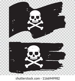 Pirate black flag with a skull and crossbones. Vector flat illustration isolated on a transparent background.