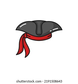 Pirate black hat with red bandana, captain headwear isolated sailor cap outline icon. Vector robber fancy outfit with broad poles, seafarer tricorn headdress. Halloween carnival head costume