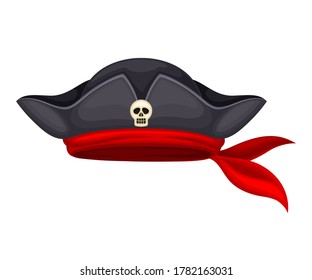 Pirate Black Hat with Skull and Red Band Vector Illustration