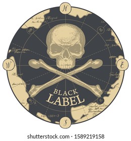 Pirate Black label with a human skull and crossbones on the background of an old map. Vector vintage illustration or hand-drawn emblem of round shape on the theme of pirate adventures and travel