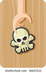 Pirate black label with skull and bones on human hand.