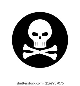 Pirate black mark badge with skull and cross bones vector illustration. Corsair seal black circle label  - halloween or patry props. Flat design cartoon style image.