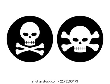 Pirate black mark with skull and cross bones set vector illustration. Corsair seal black circle label with skeleton head and crossbones - halloween or patry props. Flat design cartoon style image.