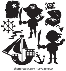 Pirate black silhouette vector cartoon illustration