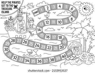 Pirate black and white dice board game for children with cute pirate ship hunting treasure. Treasure island hunt boardgame with pirates, chest.  Sea adventures printable coloring page
