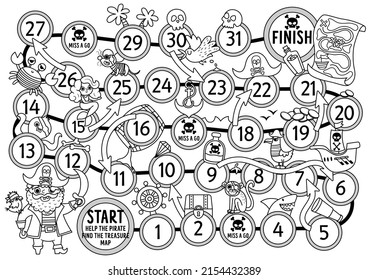 Pirate black and white dice board game for children with cute pirate. Treasure hunt line boardgame with animals, ship.  Sea adventures printable coloring page. Help the pirate find the treasure map
