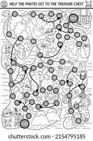 Pirate black and white dice board game for children with cute kids pirates hunting treasure. Treasure island hunt boardgame with volcano, waterfall, animals.  Sea adventures printable coloring page
