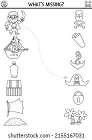 Pirate black and white matching activity with cute marine symbols. Treasure hunt puzzle with ship, chest, flag, island, bottle, anchor. Match the objects game. Sea adventures coloring page
