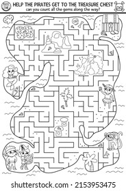 Pirate black and white maze for kids with tropical treasure island and cute kid pirates. Treasure hunt preschool printable activity. Sea adventures coloring labyrinth with chest, map, mermaid
