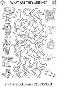 Pirate black and white maze for kids. Treasure hunt preschool printable activity with cute pirates, animals and their things. Sea adventures coloring labyrinth. What is missing worksheet 
