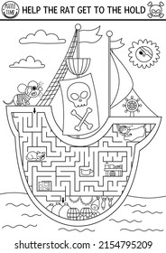 Piraten Schwarz-Weiß-Labyrinth für Kinder mit Meereslandschaft und Schiffsinnenraum. Schatzsuche im Vorschulalter druckbare Tätigkeit. Sea-Abenteuer färben Labyrinth-Spiel oder Puzzle. Hilfesatz hält sich fest
