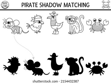 Pirate black and white shadow matching activity. Treasure island hunt line puzzle with cute animals and birds. Find correct silhouette printable worksheet. Sea adventures coloring page for kids
