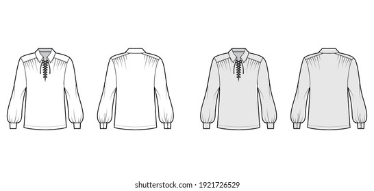 Pirate blouse technical fashion illustration with bouffant long sleeves, poet lacing collar, oversized, tunic length. Flat apparel top template front, back, white, grey color. Women, unisex CAD mockup