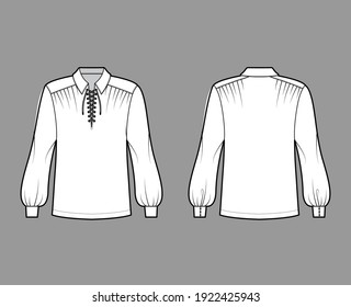 Pirate blouse technical fashion illustration with bouffant long sleeves, poet lacing collar, oversized, tunic length. Flat apparel top template front, back, white color. Women, men unisex CAD mockup