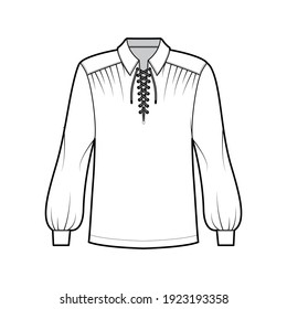 Pirate blouse technical fashion illustration with bouffant long sleeves, poet lacing collar, oversized, tunic length. Flat apparel top template front, white color. Women, men unisex CAD mockup