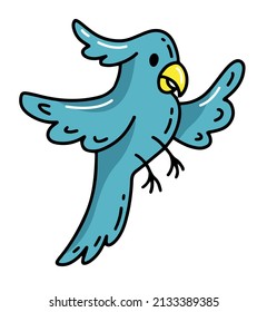 Pirate blue parrot doodle flat vector illustration isolated on white background