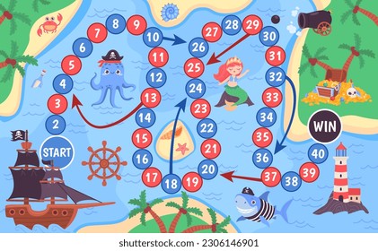 Juego de tablero pirata. Juegos de atracción con mapa laberinto camino a la isla tesoro, educación infantil juegos de huesos en el camino de la escalera número de la aventura de mar caricatura ingeniosa ilustración vectorial